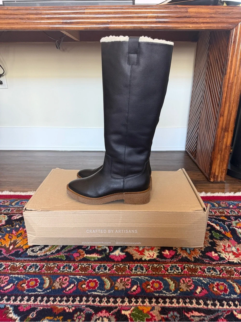 Black Leather Knee-High Boots with Cream Shearling Cuff